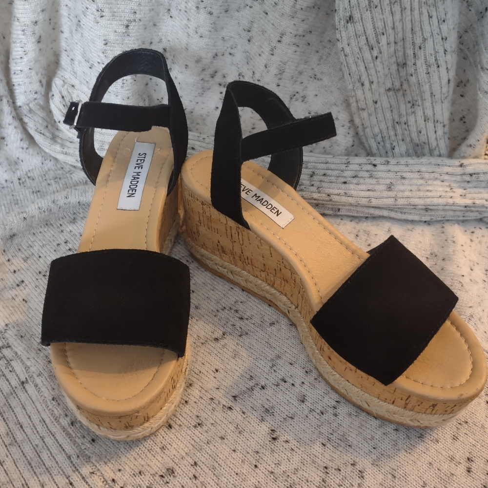 Steve Madden Cork Wedge Black Strap Size 8